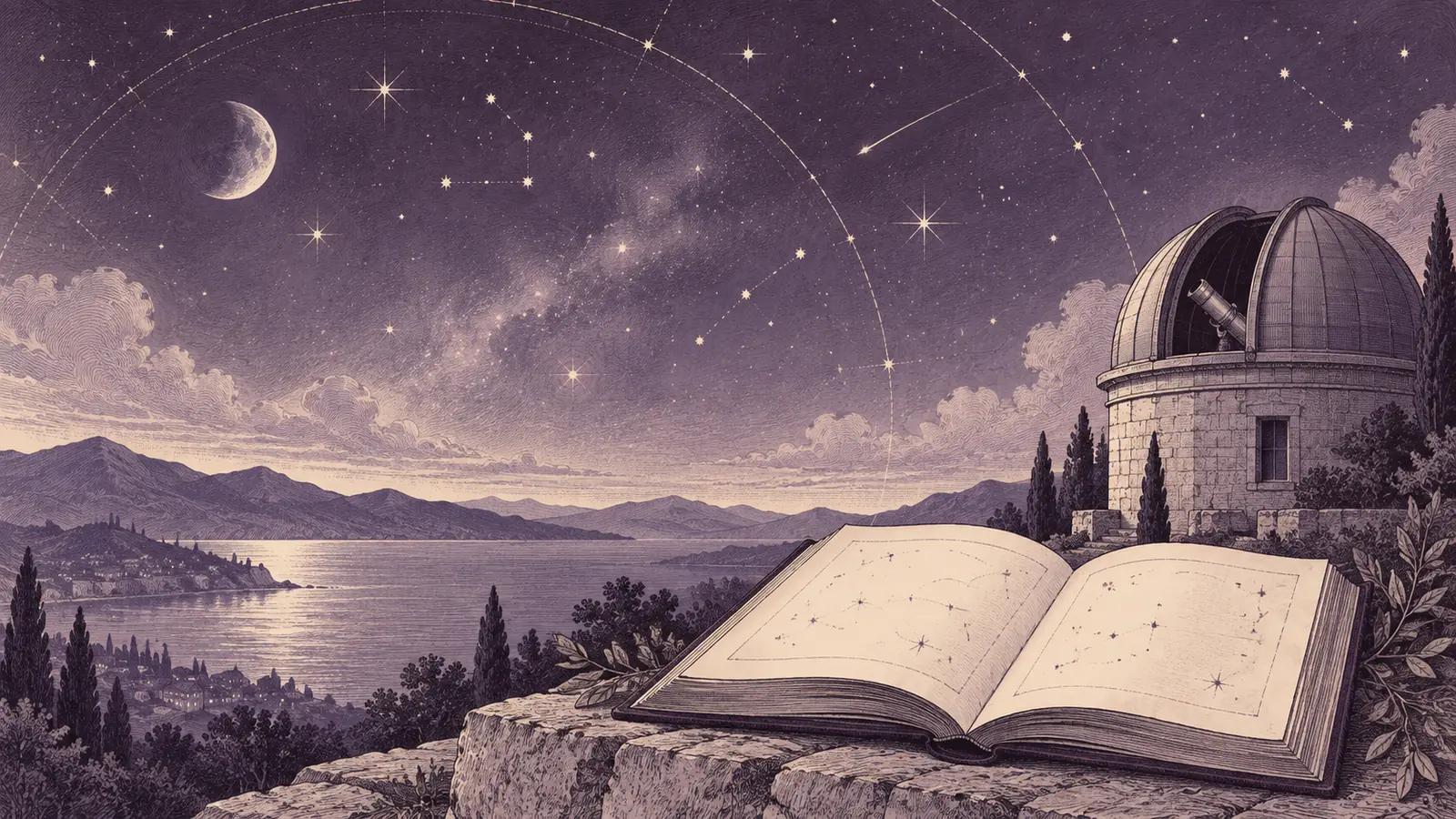 Ilustração de um atlas celeste e um observatório sob as estrelas.